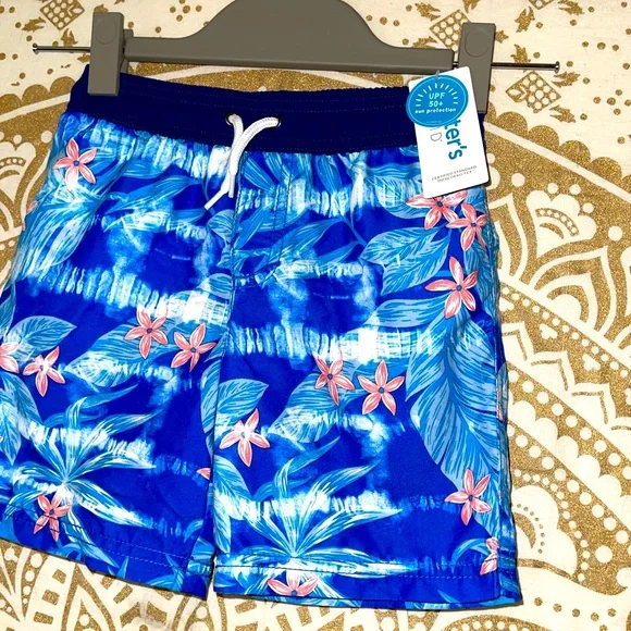 ✨HP✨ NWT “CARTERS” BOYS UPF 50+ BLUE/CORAL SWIM TRUNKS W/TIE WAIST, SIZE 4 - Picture 2 of 6